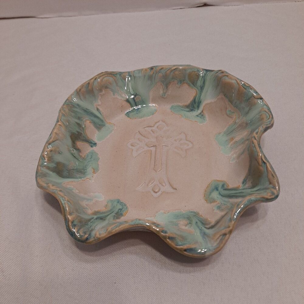 Lakeside Pottery Mississippi Trinket Tray Religious Cross Scalloped Glazed